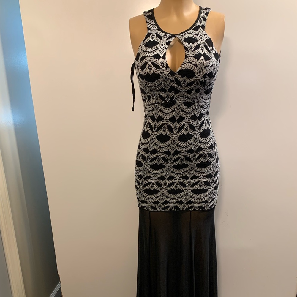 Women junior silver black high- low lace bodycon mermaid sleeveless dress size S